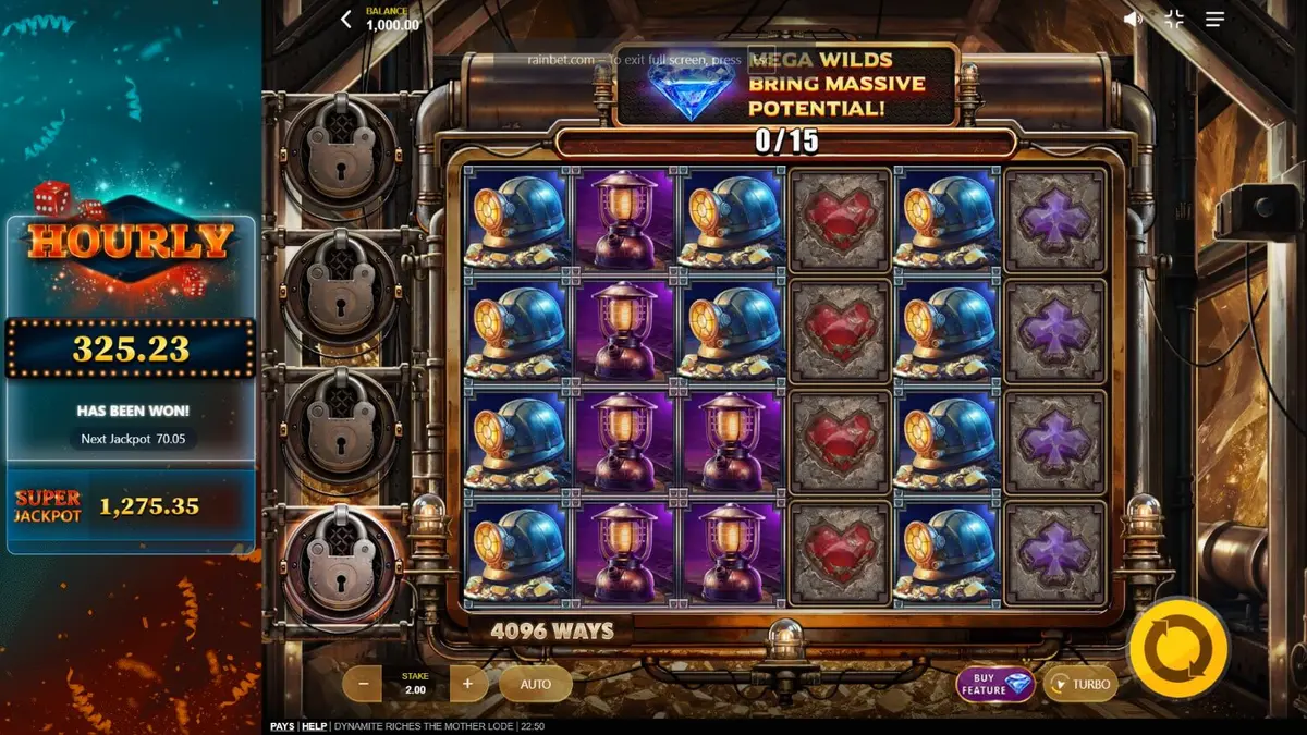 ภาพกราฟิกของเกมสล็อต Dynamite Riches The Mother Lode ที่แสดงถึงบรรยากาศภายในเหมืองทองคำ